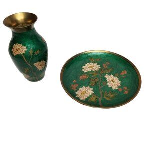 Vintage Cloisonne Enamel Vase Plate Set Green Brass Floral Chinoiserie Decor